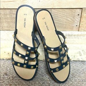 Via Rosa size 9/10 Black with Gold Studs Jelly Sandals with Gold Outline Trim